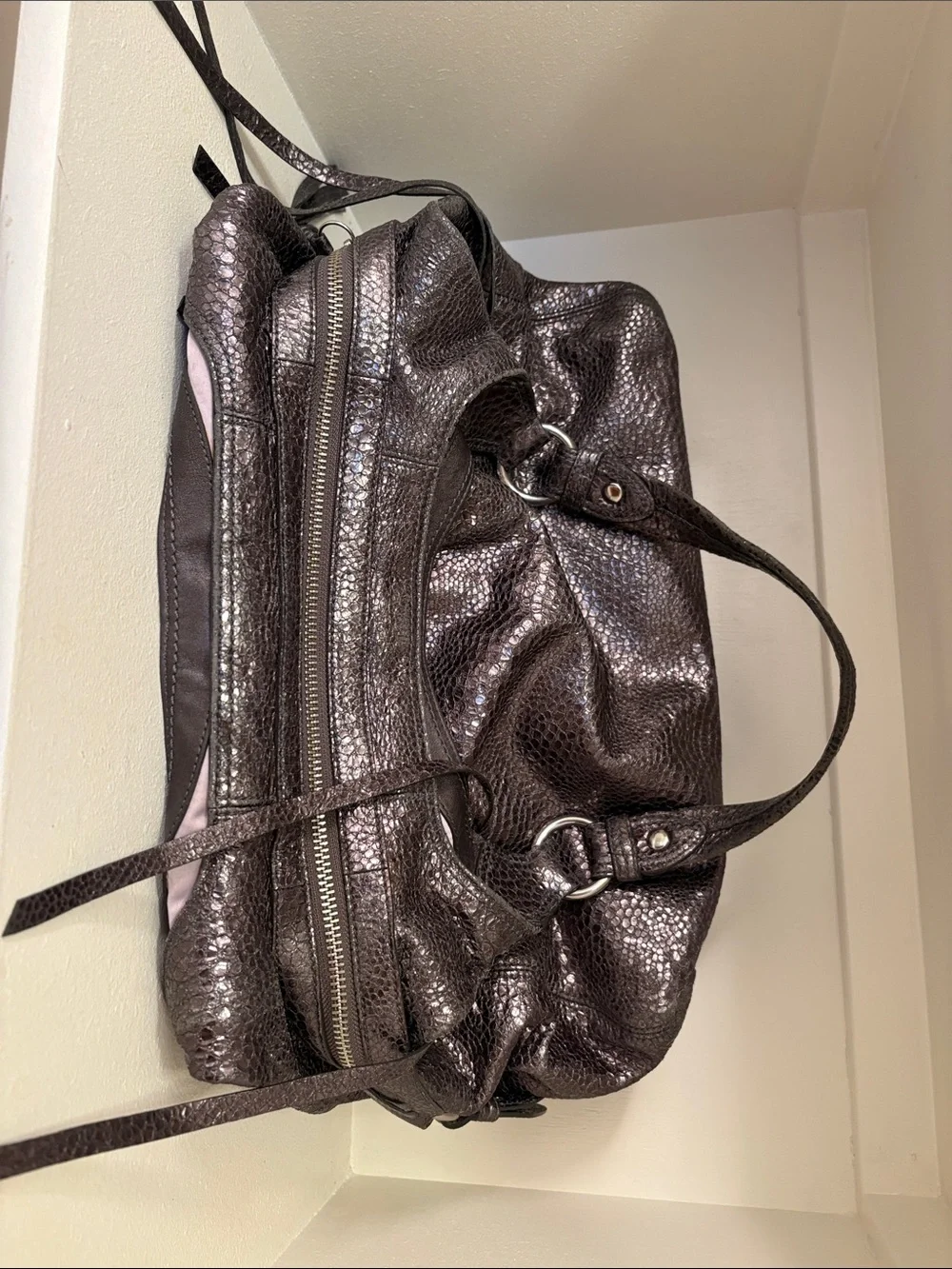 COACH Maggie Crinkle Gunmetal Silver Python Metallic Hobo Bag